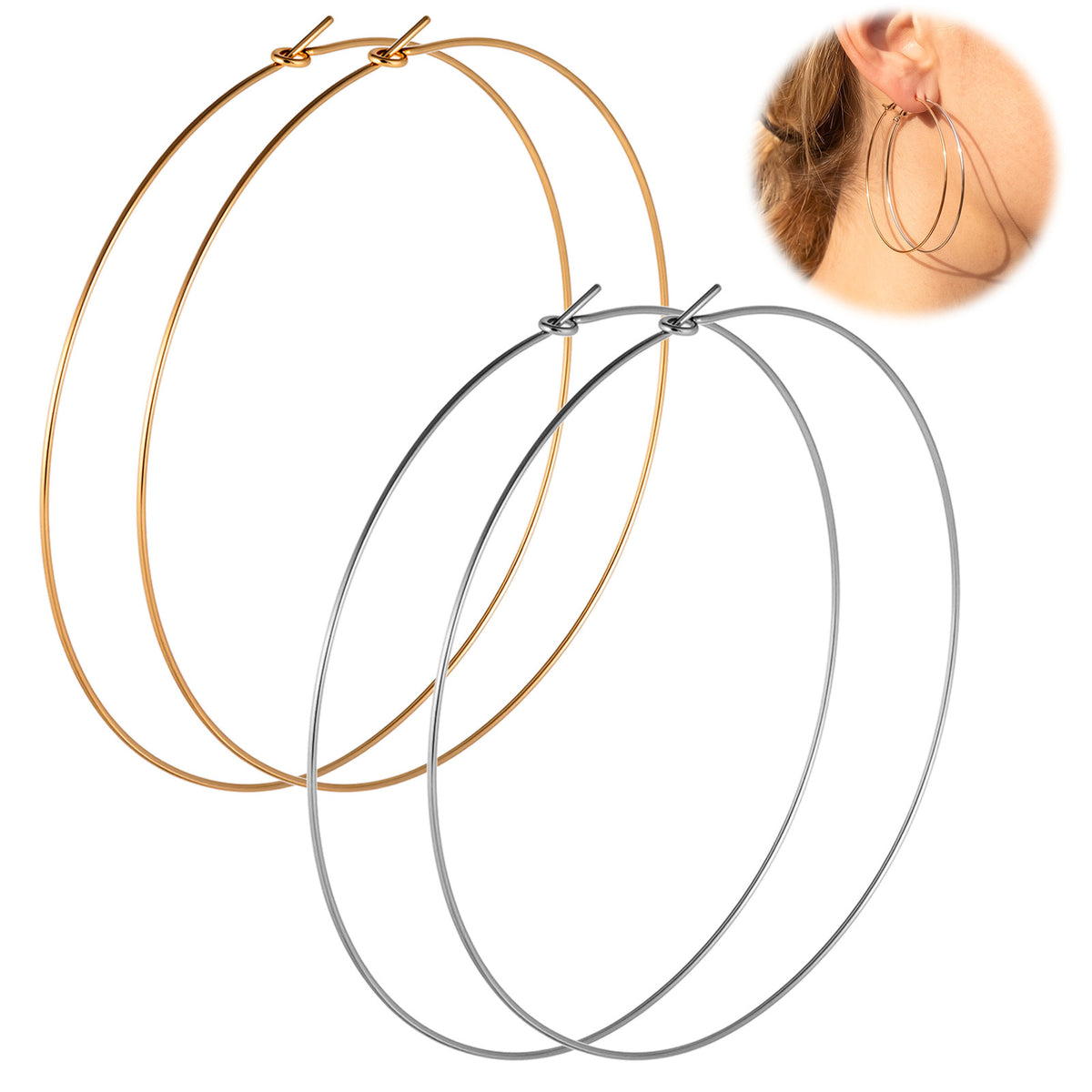 Thin Hoop Earrings for Women, 4 Pcs 70mm/2.75in Fashion Large Hoop Earrings
