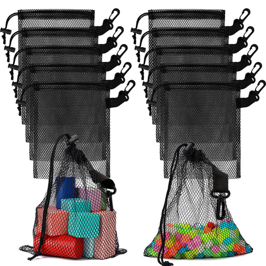 KALIONE 10 Pack Black Mesh Bags, Small Nylon Mesh Drawstring Bags for Collecting Shell Toys Balls Clothing, Heavy-Duty Mesh Laundry Bags, Mesh Bags with Cord Clips Lock for Traveling and Gym Sports
