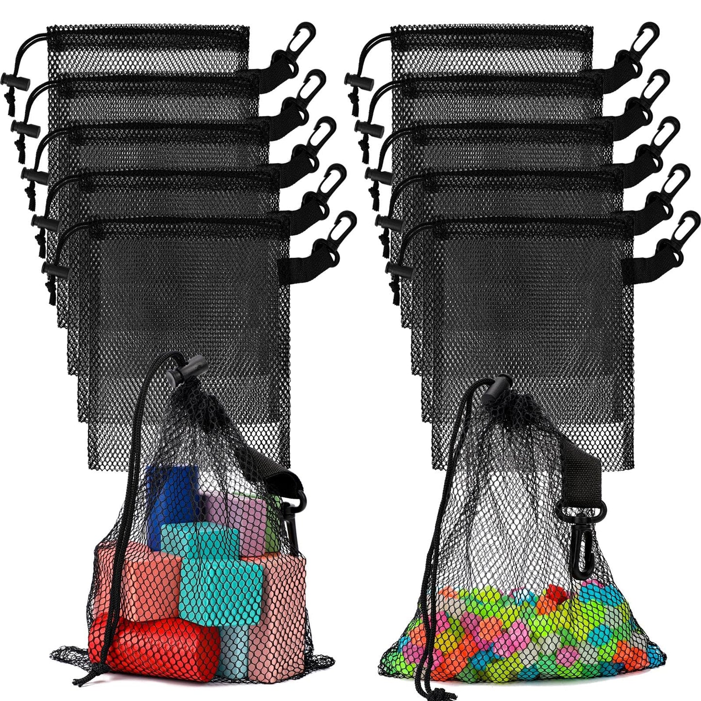 KALIONE 10 Pack Black Mesh Bags, Small Nylon Mesh Drawstring Bags for Collecting Shell Toys Balls Clothing, Heavy-Duty Mesh Laundry Bags, Mesh Bags with Cord Clips Lock for Traveling and Gym Sports