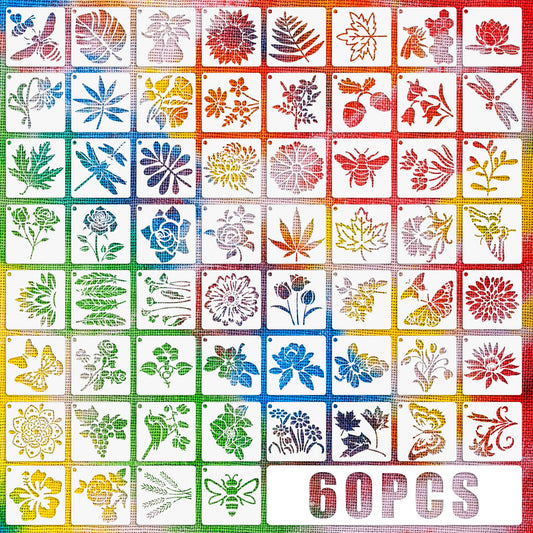 Pack of 60 Flower Stencils for Painting on Wood 7.5 cm Reusable Small Stencils for Crafts on Fabric Wood Wall Butterfly Stencils Plant Stencils DIY for Painting Floor Decor
