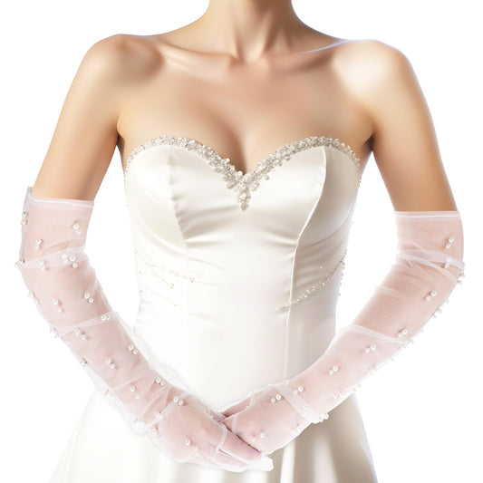 Xthrotsenk 1 Pair Pearl Tulle Gloves Long Wedding Tulle Gloves Elegant Bridal Gloves Sheer Lace Tulle Gloves for Girls Women