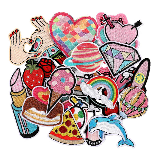 30Pcs Iron on Patches for Girls Assorted Size Embroidered Iron on Patches Appliques Stickers Sewing On Patches DIY Sew Applique Repair Patch Sew On Iron On Patch for Clothes Backpacks Jackets Jeans