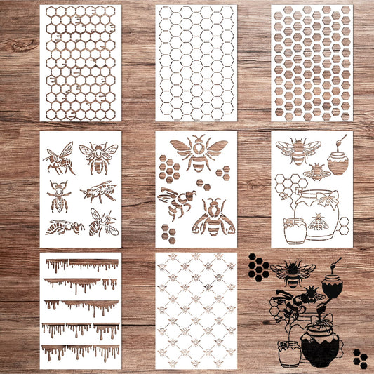 8 Pcs Bee Honeycomb Stencil for Painting on Wood, Hexagon Drawing Template Furniture DIY Crafts Decorative Wood Burning Stencils