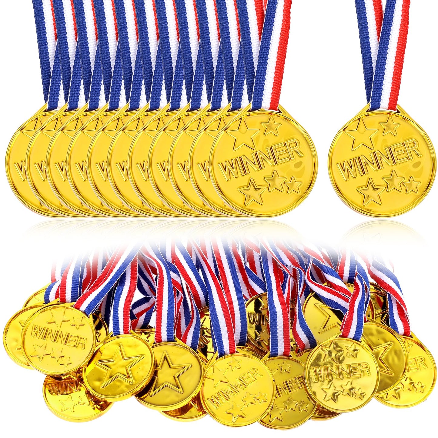 Plastic Medals, 30 Pcs Gold Winner Award Medals with Ribbon Necklaces Contest Winner Prizes for Sports, Games Competition, Talent Show, Spelling Bee, Gymnastic, Birthday Party Favors or Decor