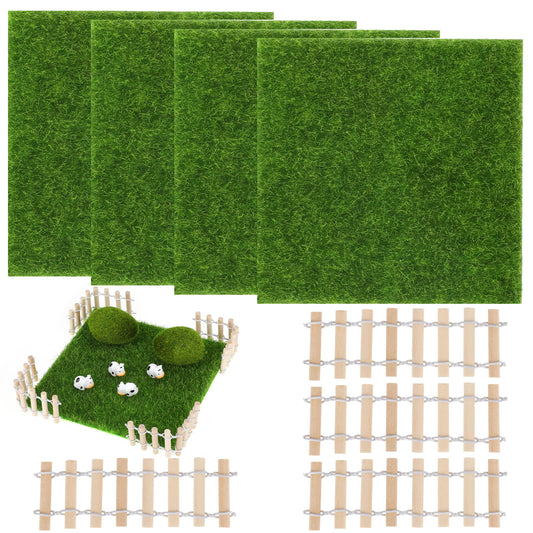 Mozeat Lens 4 Pcs Artificial Lawn with 4 Pcs Fence 15x15 cm Artificial Grass Mat Life-Like Fairy Grass Lawn Miniature Garden Decoration For Micro Landscape Terrace