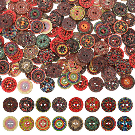 Assorted Buttons for Crafts, 200 Pieces Vintage Wooden Buttons Decorative Craft Buttons Mixed Fancy Buttons Round Flower Buttons with 2 Holes for Clothes Sewing DIY Crafts Projects Decorative(20mm)