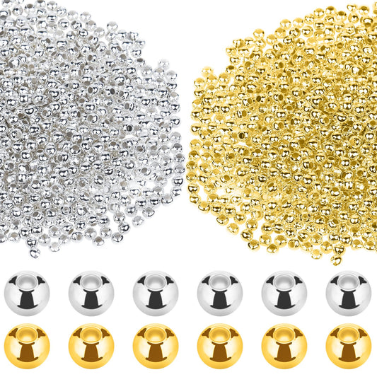 1400 PCS 2.4mm Smooth Round Beads Spacer Beads for Jewelry Making Tiny Metal Spacer Beads Silver Metallic Plated Round Beads for DIY Jewelry Bracelets Necklace Crafts Decoration (Gold and Silver)