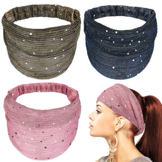 Sequins Headbands, 3 Pcs Glitter Headbands Breathable Bling Headbands Yoga Running Sport Hair Scarf Stretchy Hair Bands Shiny Headbands for Women and Girls(Pink, Blue, Gold)