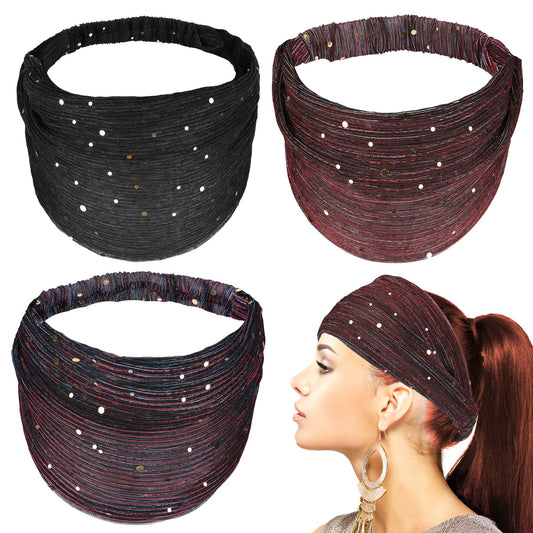 Sequins Headbands, 3 Pcs Bling Headbands Breathable Glitter Headbands Yoga Running Sport Hair Scarf Stretchy Hair Bands Shiny Headbands for Women and Girls(Black, Blue, Red)