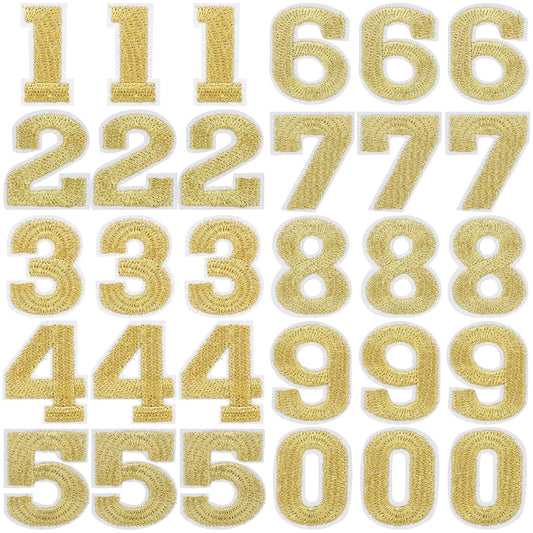 30 Pieces Gold Number 0 to 9 Patches Iron On Number Appliques Sew On Decals for Jerseys Varsity Jacket Fabric Embroidered DIY Decorations Craft Project Accessories,1.25 Inches