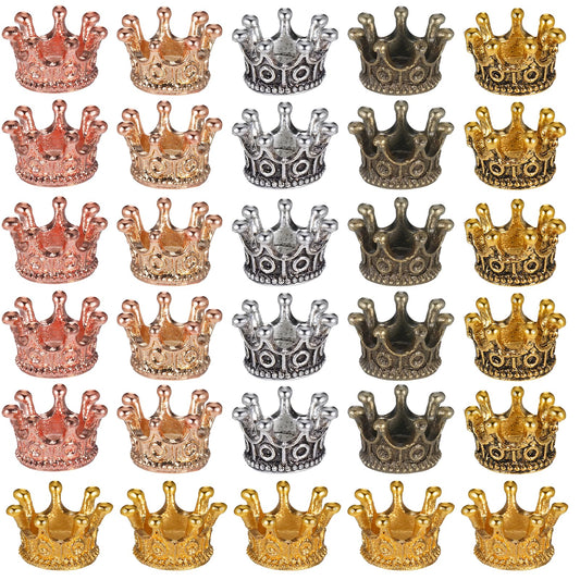 Jxiwfvl 30 PCS Mini Crowns for Crafts, Mixed Color Vintage Crown Charms 3D Alloy King Crown‘s Beads Large Hole Spacer Beads for DIY Crafts Jewelry Necklace Making Supplies