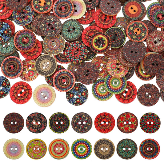 Assorted Buttons for Crafts, 200 Pieces Vintage Wooden Buttons Decorative Craft Buttons Mixed Fancy Buttons Round Flower Buttons with 2 Holes for Clothes Sewing DIY Crafts Projects Decorative(25mm)