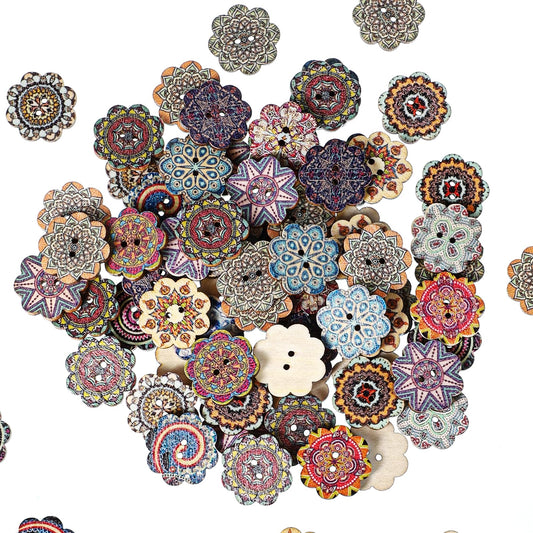 150 Pcs Mixed Pattern Vintage Wooden Buttons, 20mm Round Wood Buttons, Vintage with 2 Holes, Random Flower Painting, Cute Decorative Button for DIY Sewing Decorative, Clothing Replacement