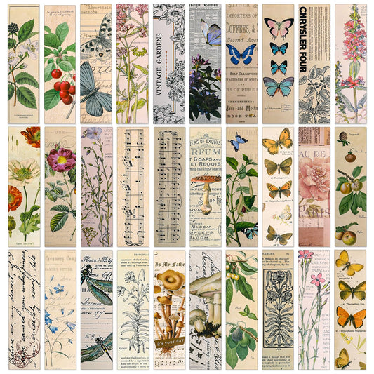30 PCS Vintage Aesthetic Bookmark,Elegant Pattern Paper Bookmarks for Book Lovers, Simple Style Book Accessories Natural Style Book Marks Cute Bookmarks Pack Butterfly Flower Plant Bookmarks for Women
