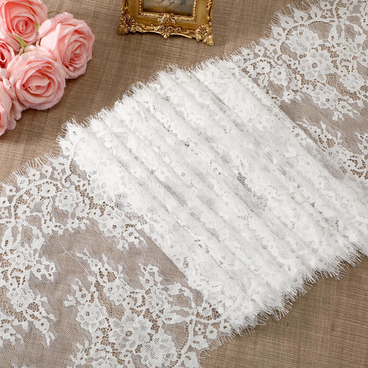 Floral Embroidered Laces Fabric, 11.22" Wide 3 Yard White Eyelash Lace Fabric Lace Ribbon, Laces Trim Ribbon for Wedding, Sewing, DIY Crafting, Home Decor (White)