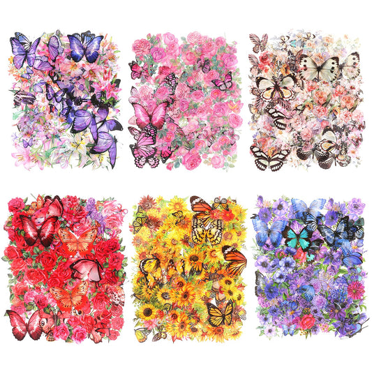 300 Pcs Transparent Butterfly and Flower Stickers, Butterflies Floral Resin Decals, Clear Pressed Flower Stickers, Aesthetic Journaling Stickers for Scrapbooking Journal Envelop Card Making