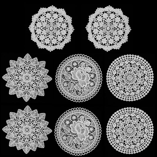 Lace Placemats, Pack of 8 Round Doilies Crochet 15 cm White Handmade Lace Coasters Vintage Rustic Table Doilies Decoration for Kitchen Dining Room Party Wedding Dresser Decoration