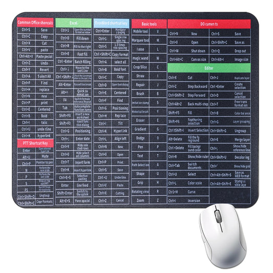 Excel Shortcuts Mousepad, 26x21x0.3cm Excel Mouse Pad Excel/Word/Ppt Shortcut Cheat Sheet Mat Excel Cheat Sheet Mouse Pad Mouse Mat with Office Word Excel Shortcuts Pattern for Office Home Desk Laptop
