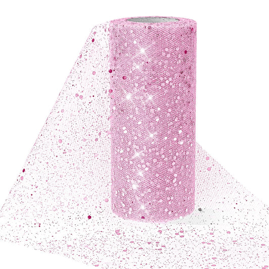 Glitter Netting Fabric 6 Inch x 25 Yards Glitter Tulle Rolls Tulle Spool Tulle Roll with Sparkle Sequin Sequin Polyester Fabric Roll Sparkling Tulle Ribbon Roll for Gift Wrapping Bow Making DIY (Pink)