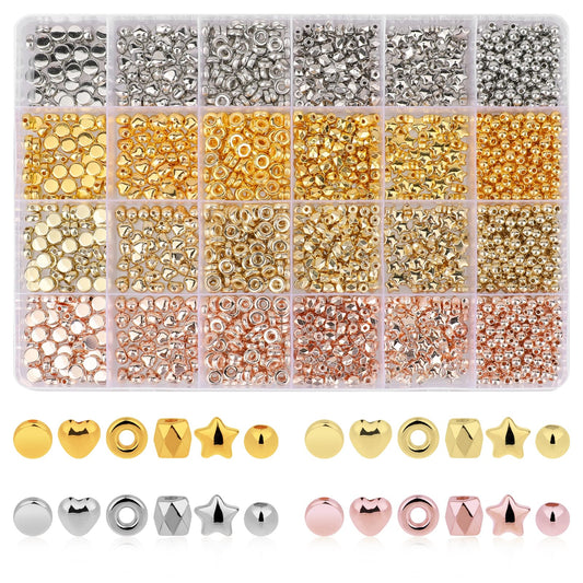 2160 Piece Clay Beads Star Spacer Beads for Jewelry Making Gold Spacer Beads Set Assorted Gold Beads with Organizer Bracelet Beads and Charms Round Star Beads Gold, Sliver, Rose Gold, KC Gold
