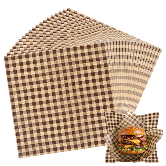 100pcs Food Basket Liners 8.6"x8.6" Sandwich Wrapping Paper Classic Coffee-Colored Checkered Paper Greaseproof Food Papers for Party Festival Outdoors