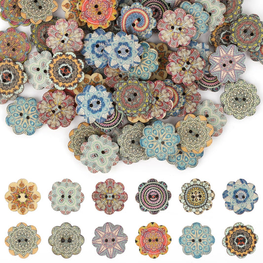 100PCS Mixed Pattern 3/4 Inch 20mm Vintage Flower Wooden Buttons 2 Holes DIY Craft Sewing Random Flower Painting Buttons Cute Decorative Buttons for Crafts Sewing, Shirt, Clothing Replacement