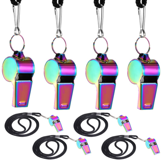 Skrfren Coach Whistle with Lanyard, 4 PCS Colorful Coach Whistle Stainless Steel Metal Teacher Whistles, Loud Crisp Sound Whistles for Teachers, Referees, Emergency and Official