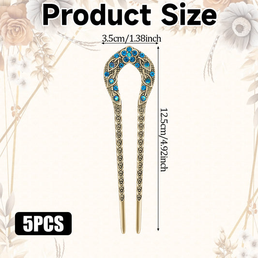 5 Pcs French Hair Pin U Pins for Hair Bun Vintage Hair Fork Metal Hair Chopsticks Decorative Hair Pins Rhinestone Crystal Double Prong Hairpin Stick Carving Hair Bun Accessories for Women