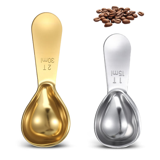 2 Piece Stainless Steel Coffee Scoop (1 Tbsp, 2 Tbsp) Tablespoon Measuring Spoon Coffee Measuring Scoop for Jars Tea Sugar (Silver, Gold)
