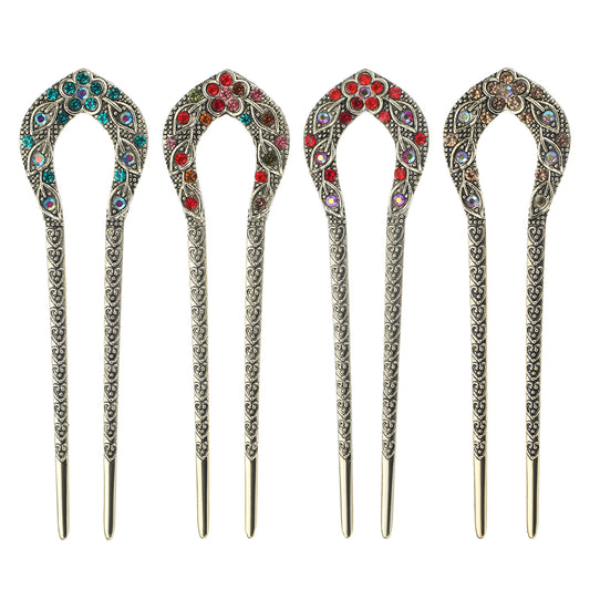 4 Pieces French Hair Pins, Double-Sided Metal U Shaped Hairpin for Buns, Vintage Double Prong Hair Forks Stick with Rhinestone Crystal, Vintage Hair Fork French Hair Pin for Women