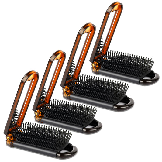 4 PCS Folding Hair Brush with Mirror, Portable Compact Folding Hair Brush, Travel Comb and Mini Hair Brush Set, Massage Retractable Hair Brush for Women, Gym, Trips, Purse, And Swimming, Amber