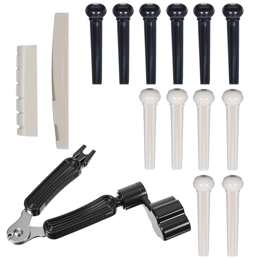14 PCS Acoustic Guitar Bridge Pins Kit with String Pins Pegs 3-In-1 Pin Puller Remover Guitars Bridge Saddle Nut String Winder and Cutter, Acoustic Guitar Replacement Parts Tools and Accessories