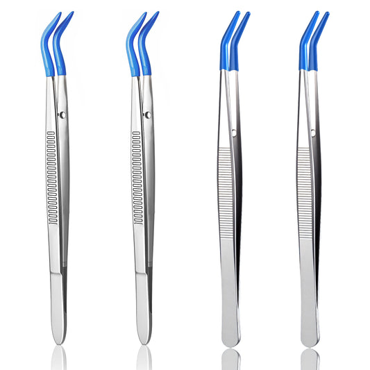 4PCS Tweezers with Rubber Tips PVC Coated Set, Stainless Steel Precision Tweezers, Straight Tip Long Bent Tip for Crafts Jewelry Beads Stamps Lab, Blue