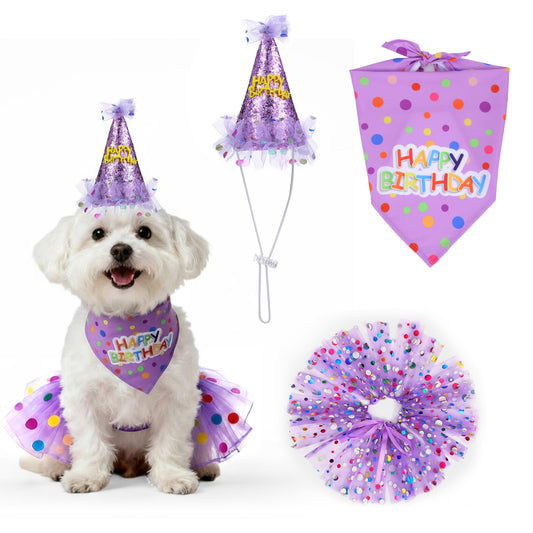 Dog Birthday Hat and Bandana Set, Reusable Dog Party Hat and Dress, Puppy Birthday Party Supplies for Small Medium Dogs Decorations(Purple)