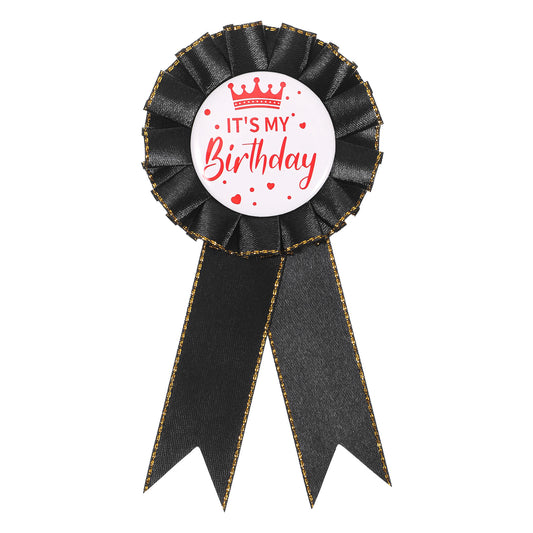 Birthday Ribbon Badge Brooch Black Fabric Birthday Corsage Satin Tinplate Badge Pin for Girls Women Men Party Decorations Gifting Party Favors