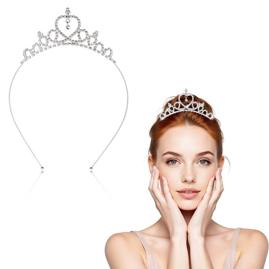 2 Pcs Princess Crown Tiara Rhinestones, Crystal Heart Shaped Crown Headband Pageant Elegant Accessories Tiara Hair Clip for Women Party Dance Wedding Prom Bridals Birthday Silver