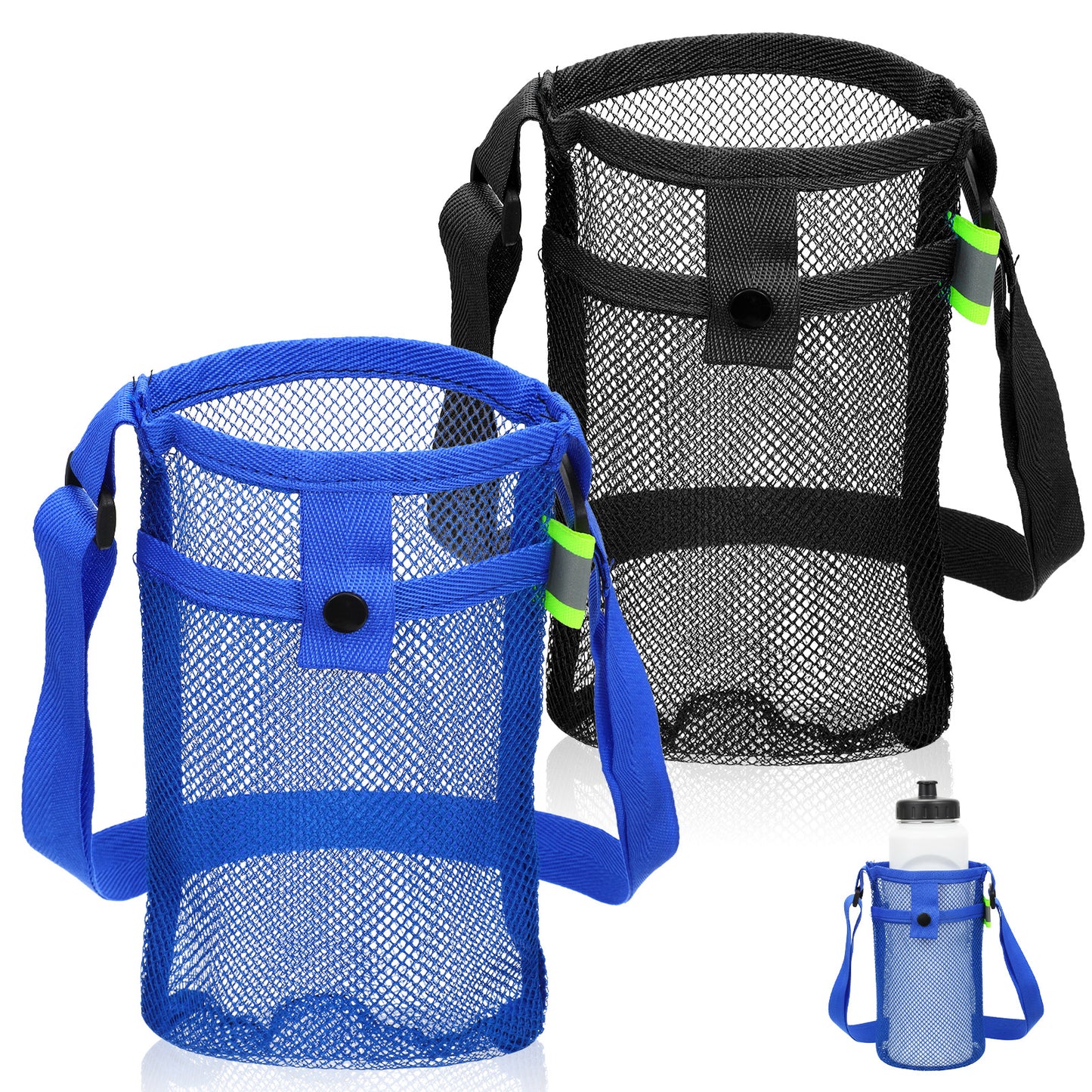 Skrfren 2 Pcs Mesh Water Bottle Carrier with Shoulder Strap, Portable Water Bottles Carriers Bag with Adjustable Strap for Walking Hiking Travelling Camping, Lightweight