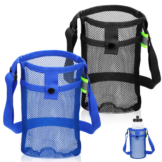 Skrfren 2 Pcs Mesh Water Bottle Carrier with Shoulder Strap, Portable Water Bottles Carriers Bag with Adjustable Strap for Walking Hiking Travelling Camping, Lightweight