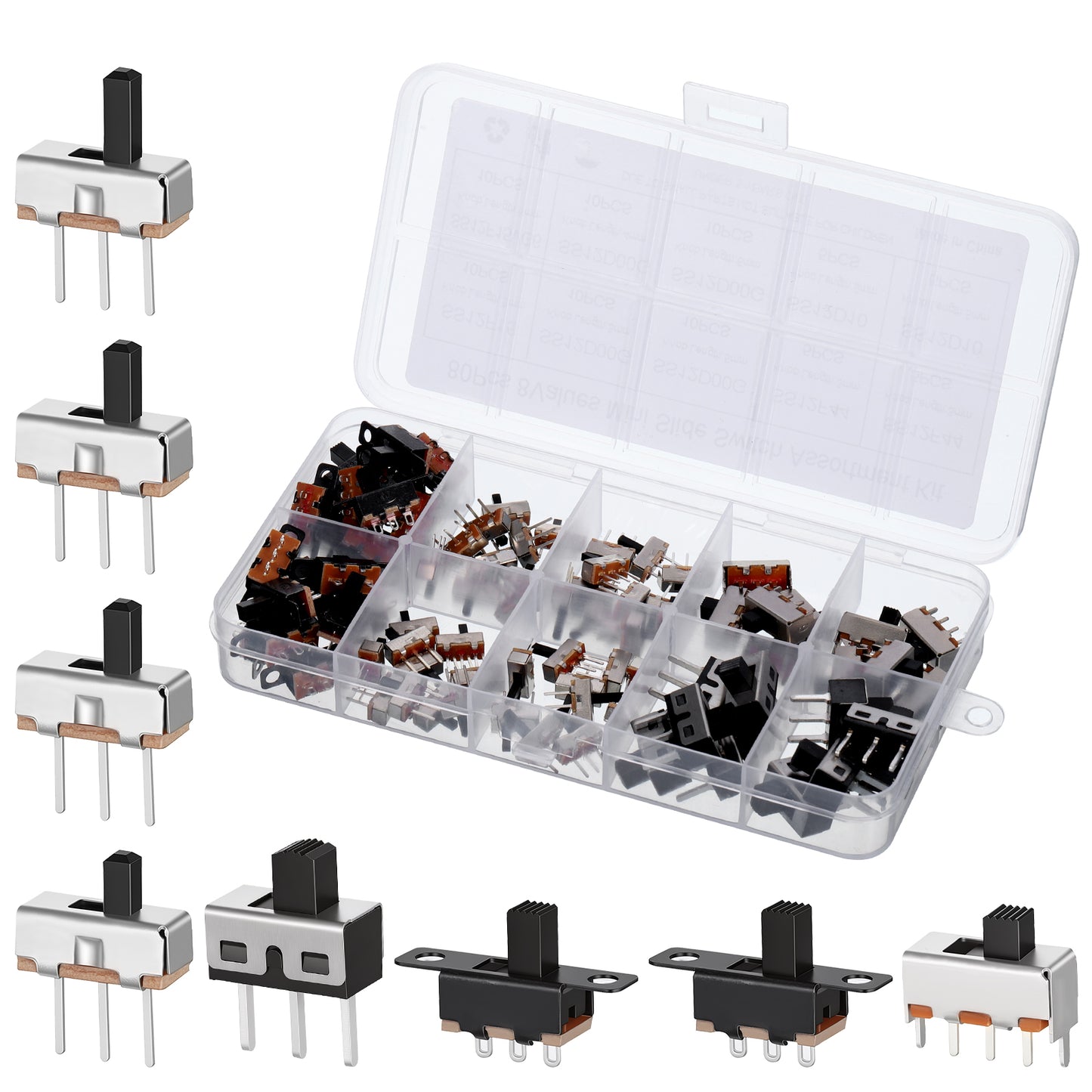 80PCS Spdt Slide Switch Set, Mini Micro Switch 1p2t 2 Position 3 Pin Vertical Panel Mount Toggle Switches, Assortment Kit for Pcb