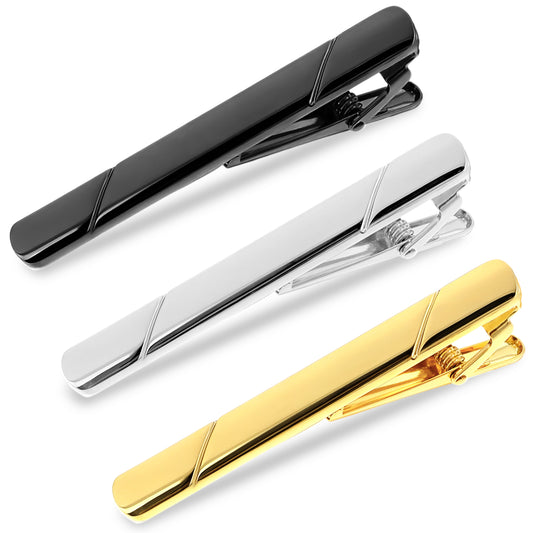 3 PCS Mens Stainless Steel Tie Clips, Men Tie Bar Clip Set Minimalist Necktie Clip for Wedding Men Business Party Daily Life Anniversary Meeting Gold Black Silver 2.3x0.28 Inch