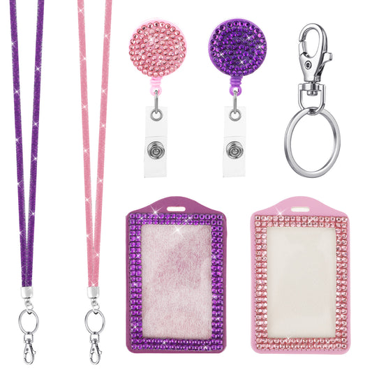 2PCS Rhinestone Bling Lanyard with Id Badge Holder, Rhinestone Lanyard for Id Badges Diamond Crystal Id Card Holder Crystal Retractable Badge Reel Neck Lanyard with Metal Clasp and Key Ring