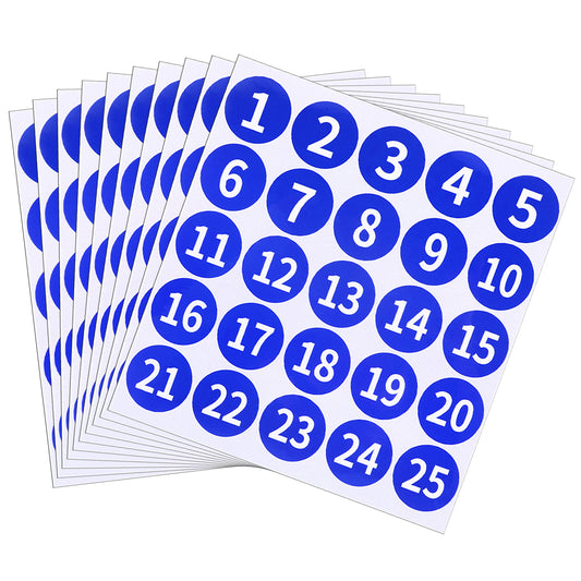 250PCS 1-25 Circle Numbered Vinyl Stickers Blue Consecutive Number Stickers Anti-Fading Waterproof 1.2 in Large Round Number Labels for Inventory Storage Organizing Toolbox Boxes Mailbox Numbering