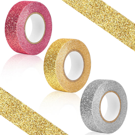 3 Rolls 5/8 Inch（15mm） x 5.5 Yards Glitter Washi Tape, Craft Self Adhesive Stick On Sticky Glitter Trim 3 Colors Metallic Decorative Tape for DIY Scrapbooking, Journal, Planner, Gift Wrapping
