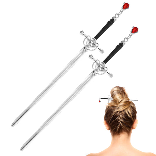 2PCS Metal Sword Hair Sticks, Chinese Hair Sticks for Buns, Sword Hair Chopsticks with Gems Sword, Hair Chopsticks for Women Hair Accessories (Silver)