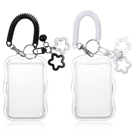 2 Pcs Cute Photocard Holder Keychain Star Wave Design Card Holder Keychain Transparent Photo Keychains Holders for Bus Card Photo Protector Bag Backpack (White and Black)