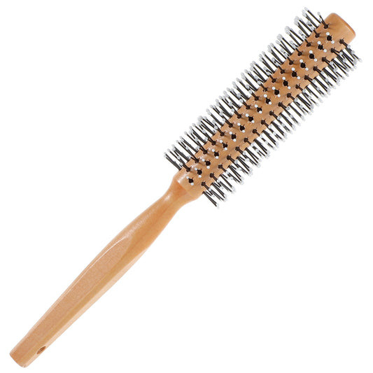 Round Curling Comb Hair Brush for Blow Drying Roller Brush Curling Comb for Men and Women, Wooden Handle, Gentle Nylon Bristles (Yellow)