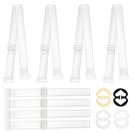 KALIONE 4 Pairs Adjustable Thin TPU Invisible Clear Bra Shoulder Straps Replacement with 4 PCS Non-slip Plastic Bra Strap Holders Clips to Make Racerback for Women Girls Bras
