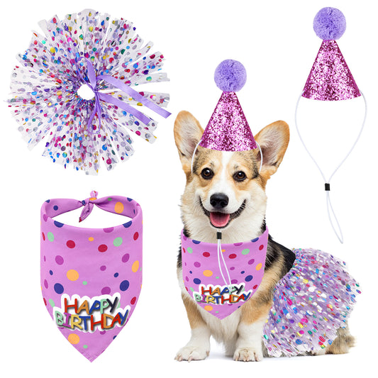 Dog Birthday Decorations, Dog Birthday Bandana with Glitter Hat and Dress Girl Set Mini Dog Party Hats Cute Tutu Skirt Costume Outfit for Small Medium Large Dogs Cats Birthday Party Supplies, Purple
