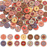 100 PCS Mixed Pattern Vintage Wooden Buttons, Sewing Buttons 15mm Assorted Flower Button with 2 Holes, Round Wood Button for Sewing DIY Crafts