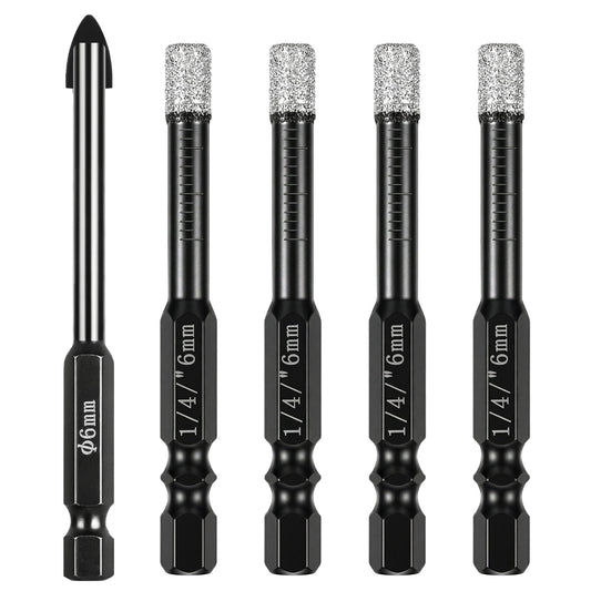 5 PCS Diamond Core Drill Bits Set, Diamond Hole Saw, 1/4 Hex Shank Core Drill Bits, Vacuum Brazed, 6mm Hole Saw for Glass, Ceramic, Porcelain, Tiles, Marble